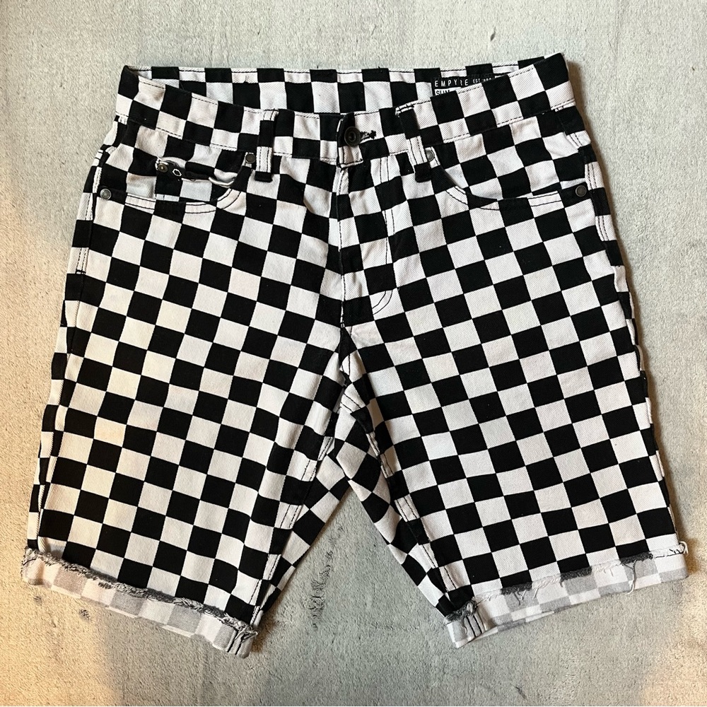Empyre Black and White Checkered Denim Shorts.